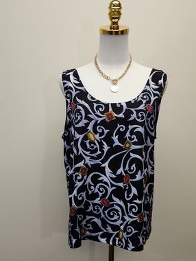 TotonKo Black White Scroll Print Sleeveless Shell Blouse Size 14